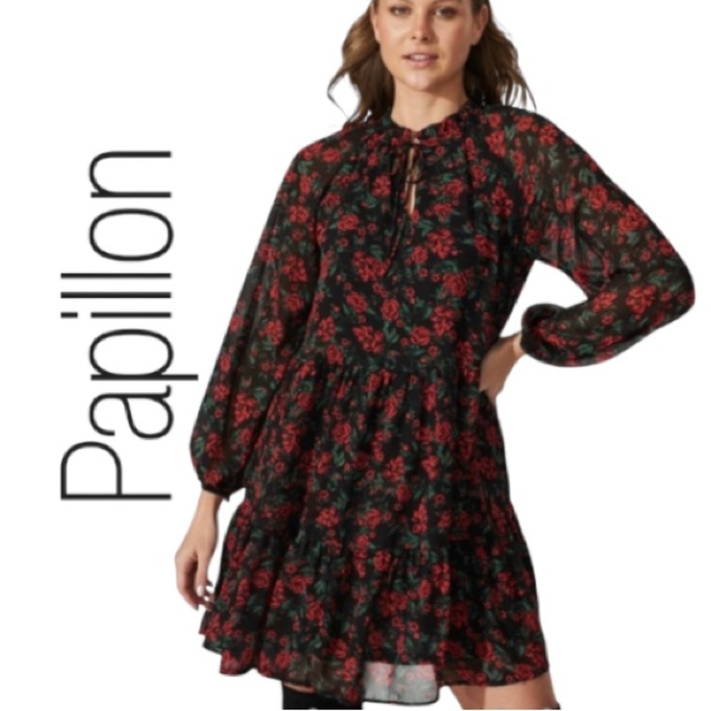 XXL Papillon Black and Red Rose Sheer Print Swingy Tiered Dress with Lining, NWT